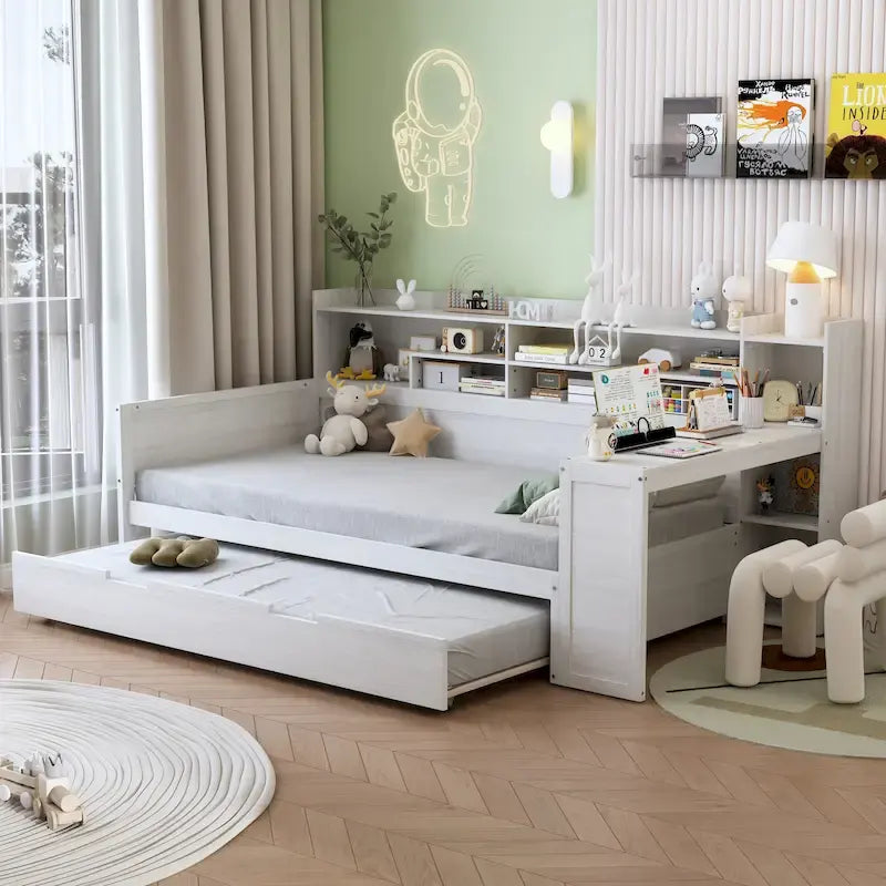 3-in-1 Twin Daybed with Pull-Out Trundle, Storage Shelves & Built-In Desk