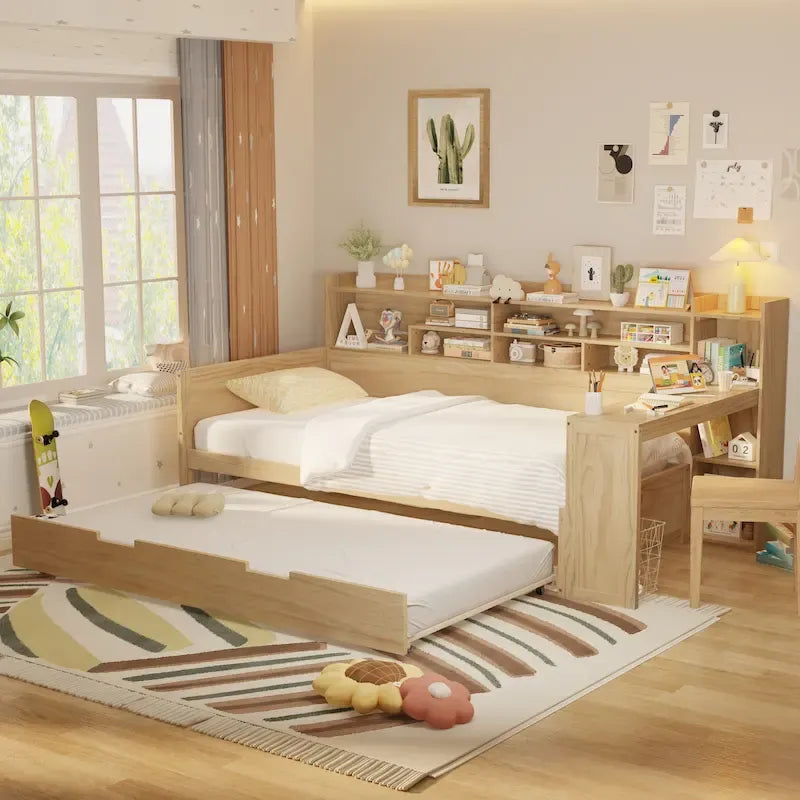 3-in-1 Twin Daybed with Pull-Out Trundle, Storage Shelves & Built-In Desk
