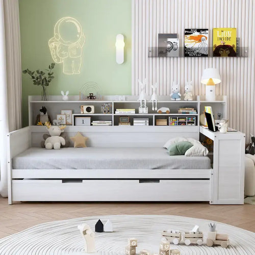 3-in-1 Twin Daybed with Pull-Out Trundle, Storage Shelves & Built-In Desk