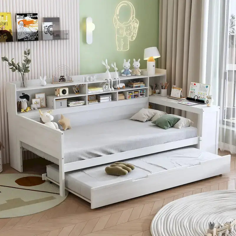 3-in-1 Twin Daybed with Pull-Out Trundle, Storage Shelves & Built-In Desk