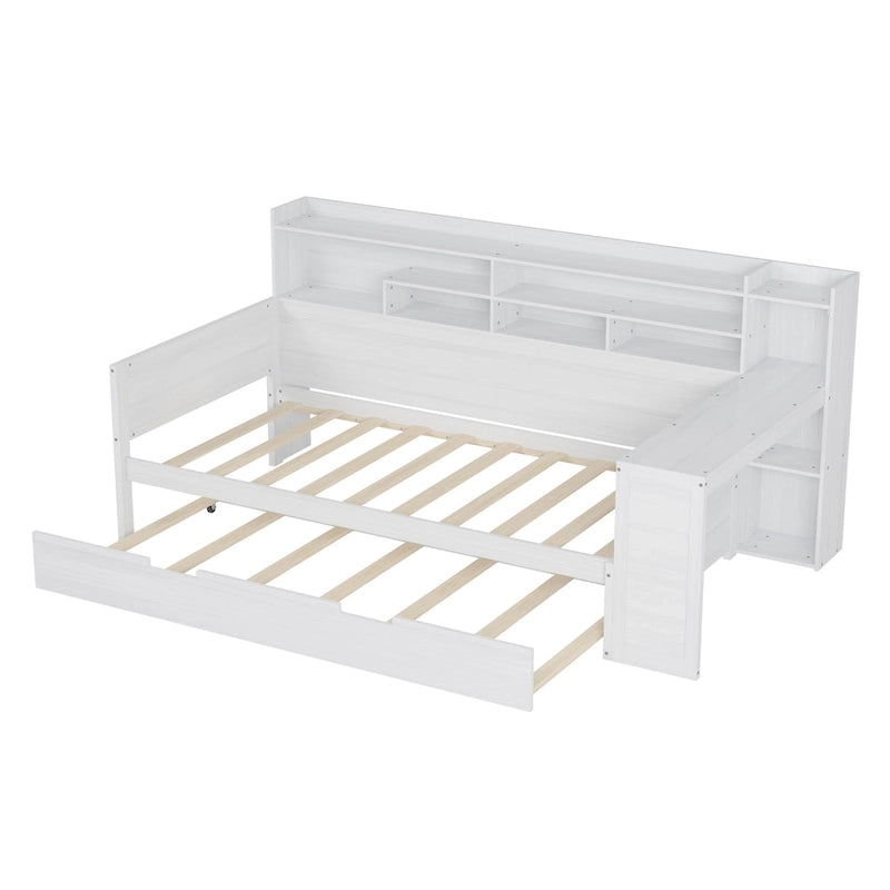3-in-1 Twin Daybed with Pull-Out Trundle, Storage Shelves & Built-In Desk