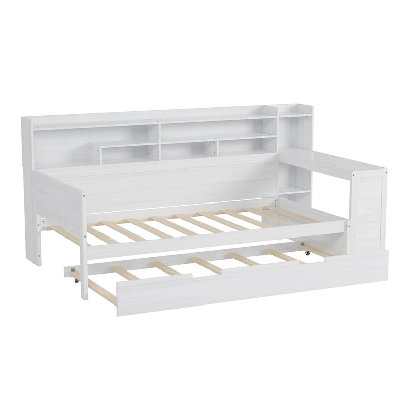 3-in-1 Twin Daybed with Pull-Out Trundle, Storage Shelves & Built-In Desk