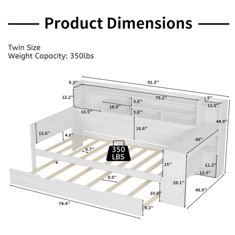3-in-1 Twin Daybed with Pull-Out Trundle, Storage Shelves & Built-In Desk