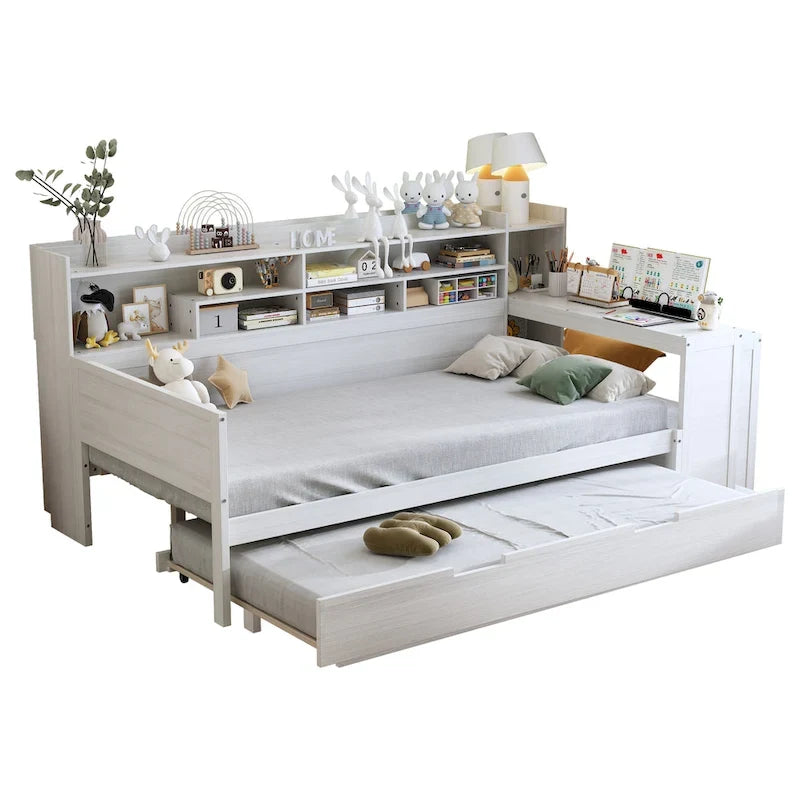 3-in-1 Twin Daybed with Pull-Out Trundle, Storage Shelves & Built-In Desk