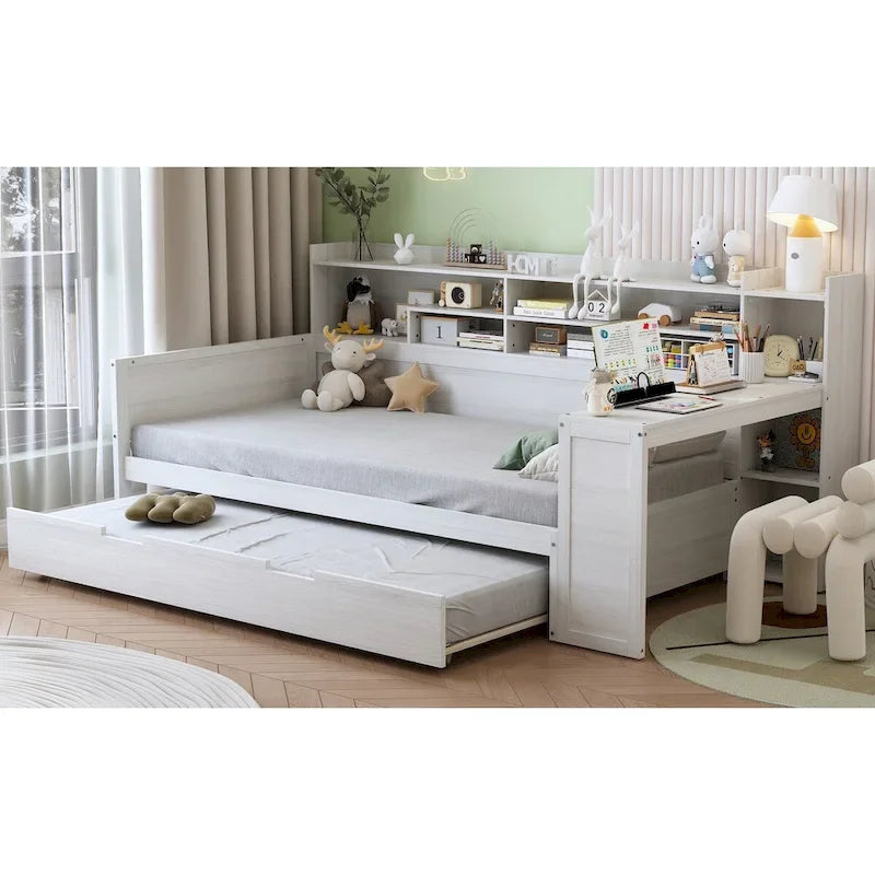 3-in-1 Twin Daybed with Pull-Out Trundle, Storage Shelves & Built-In Desk