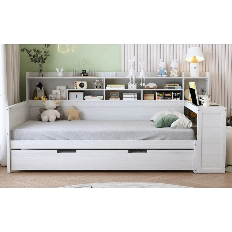 3-in-1 Twin Daybed with Pull-Out Trundle, Storage Shelves & Built-In Desk
