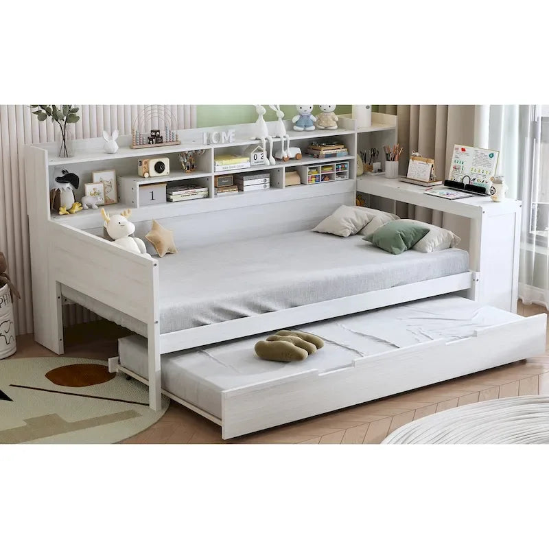 3-in-1 Twin Daybed with Pull-Out Trundle, Storage Shelves & Built-In Desk