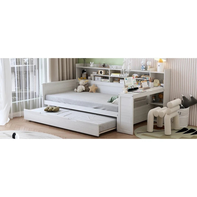 3-in-1 Twin Daybed with Pull-Out Trundle, Storage Shelves & Built-In Desk
