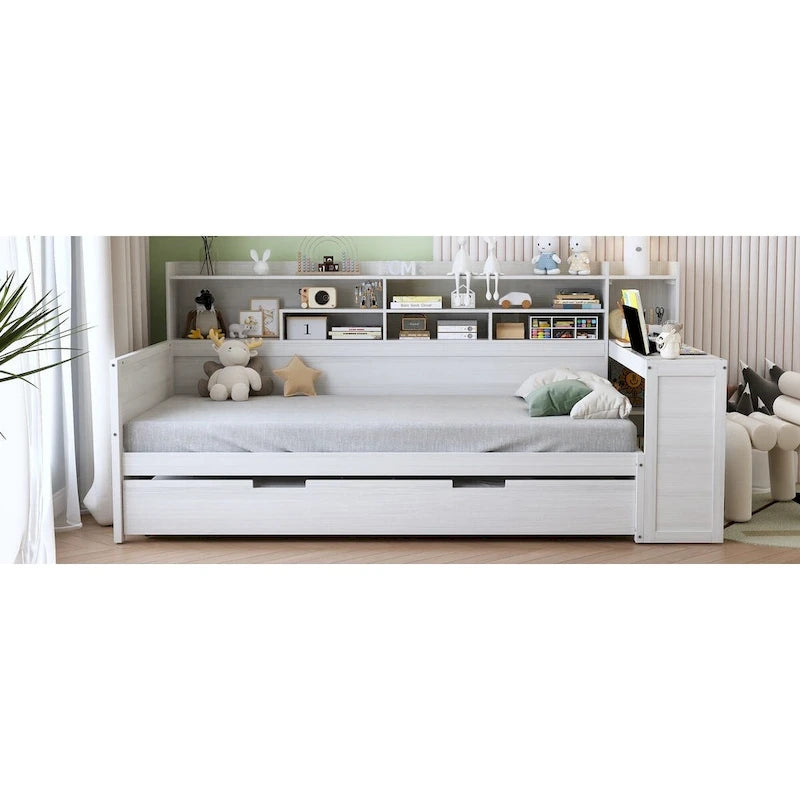 3-in-1 Twin Daybed with Pull-Out Trundle, Storage Shelves & Built-In Desk