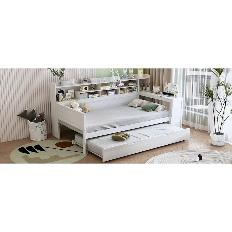 3-in-1 Twin Daybed with Pull-Out Trundle, Storage Shelves & Built-In Desk