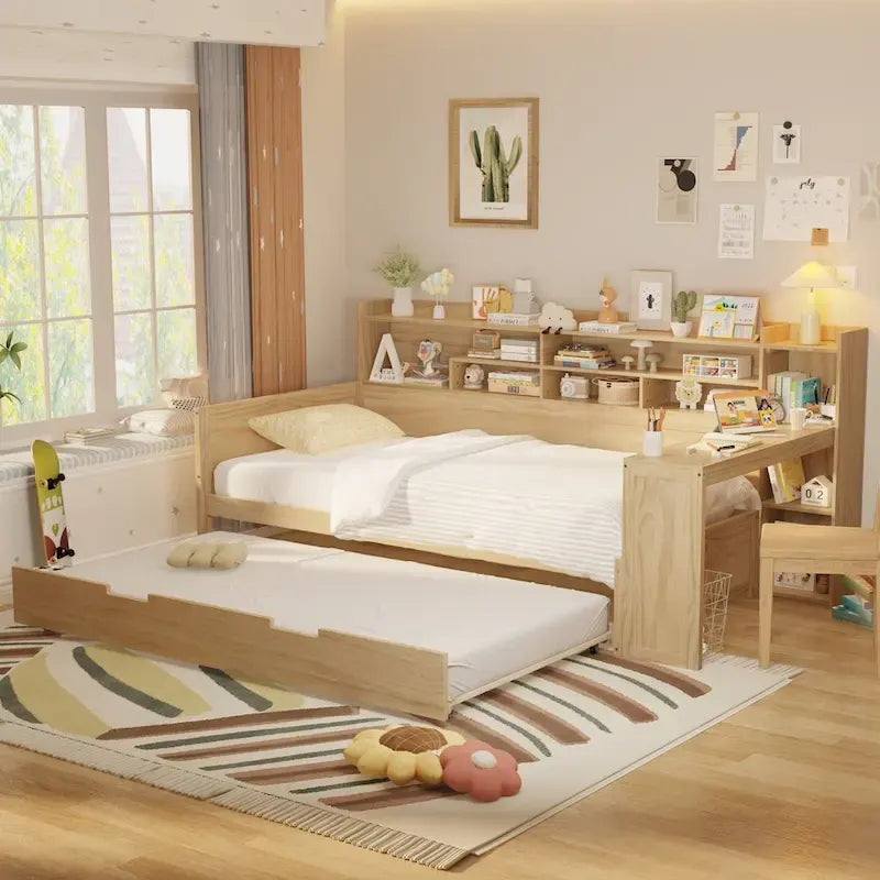 3-in-1 Twin Daybed with Pull-Out Trundle, Storage Shelves & Built-In Desk