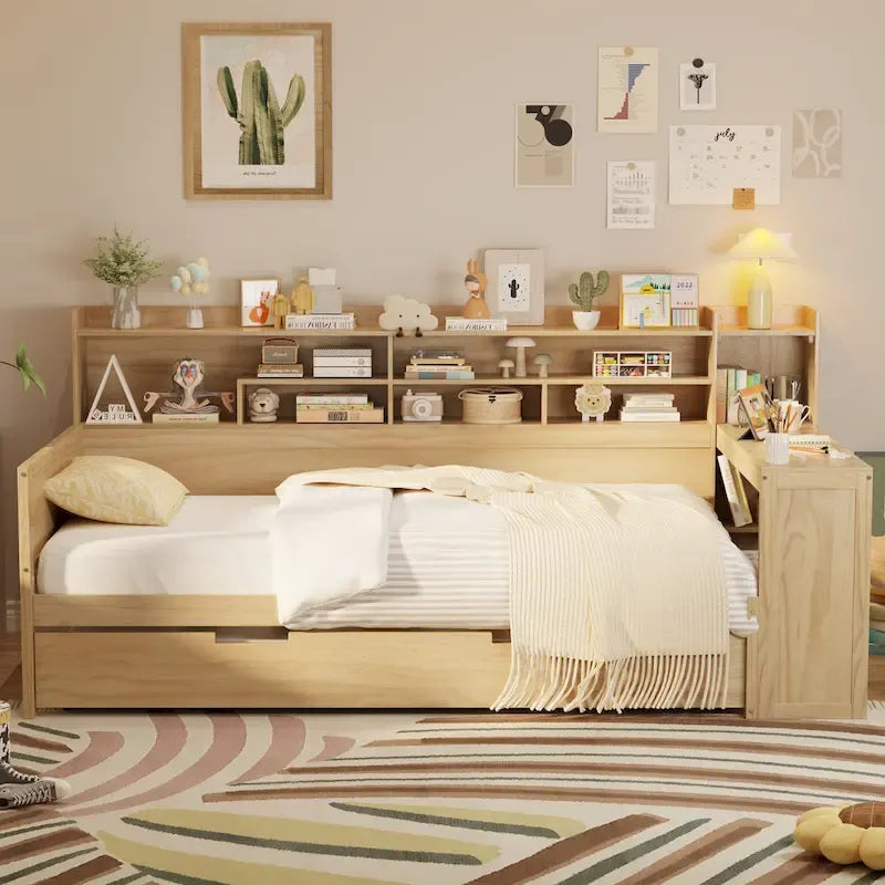 3-in-1 Twin Daybed with Pull-Out Trundle, Storage Shelves & Built-In Desk
