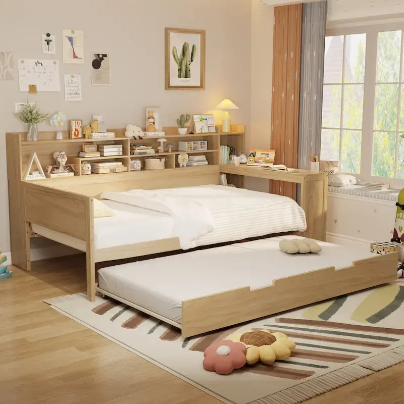 3-in-1 Twin Daybed with Pull-Out Trundle, Storage Shelves & Built-In Desk