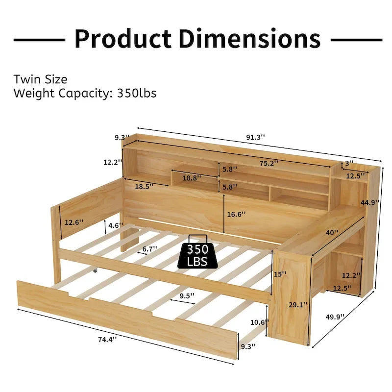3-in-1 Twin Daybed with Pull-Out Trundle, Storage Shelves & Built-In Desk