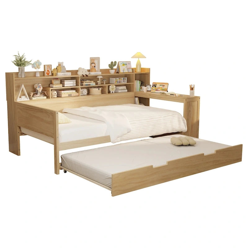 3-in-1 Twin Daybed with Pull-Out Trundle, Storage Shelves & Built-In Desk