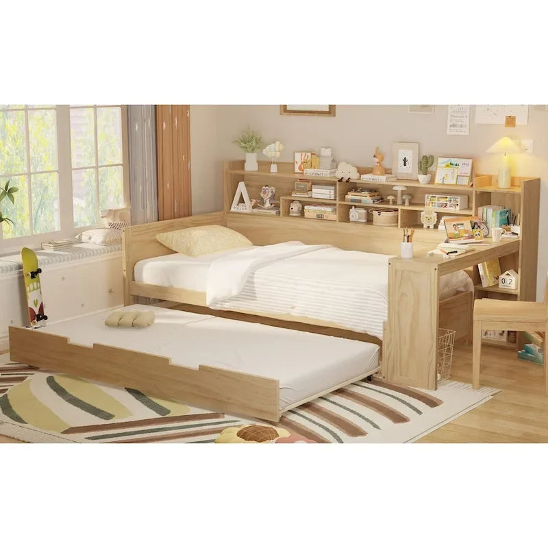 3-in-1 Twin Daybed with Pull-Out Trundle, Storage Shelves & Built-In Desk