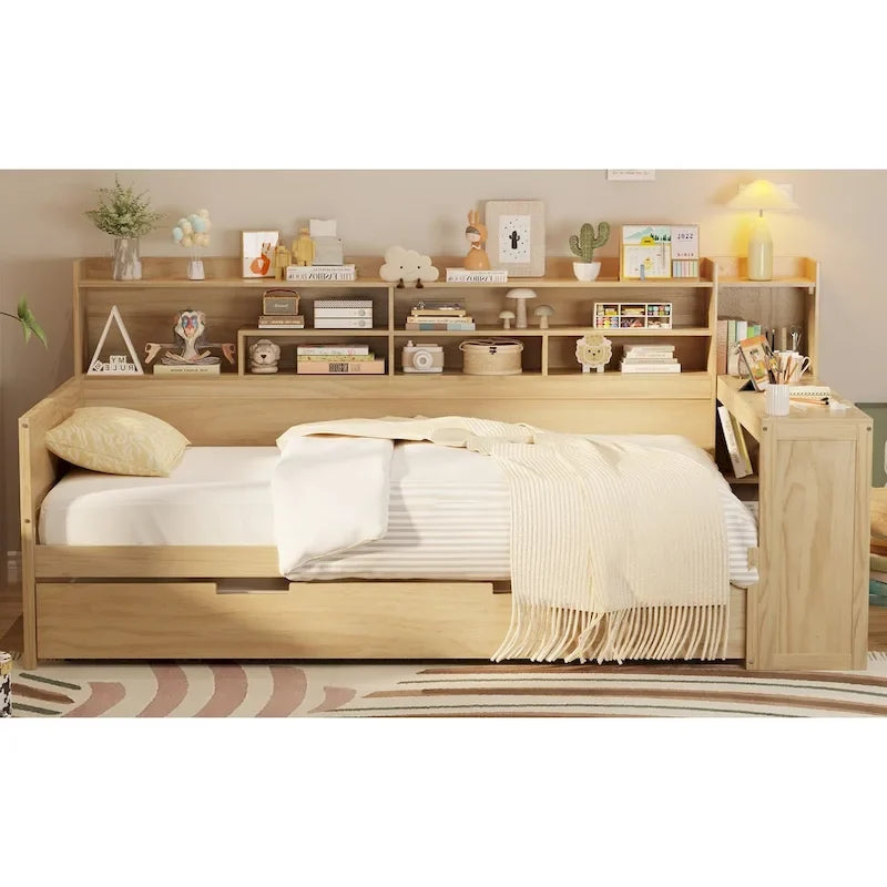 3-in-1 Twin Daybed with Pull-Out Trundle, Storage Shelves & Built-In Desk