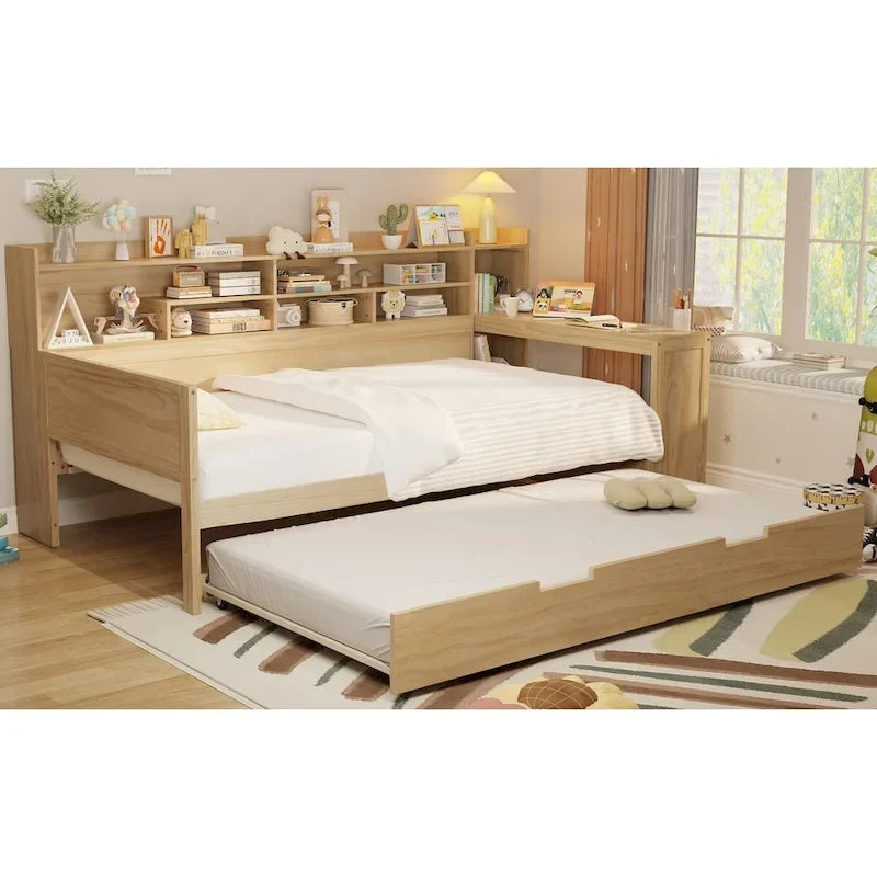 3-in-1 Twin Daybed with Pull-Out Trundle, Storage Shelves & Built-In Desk