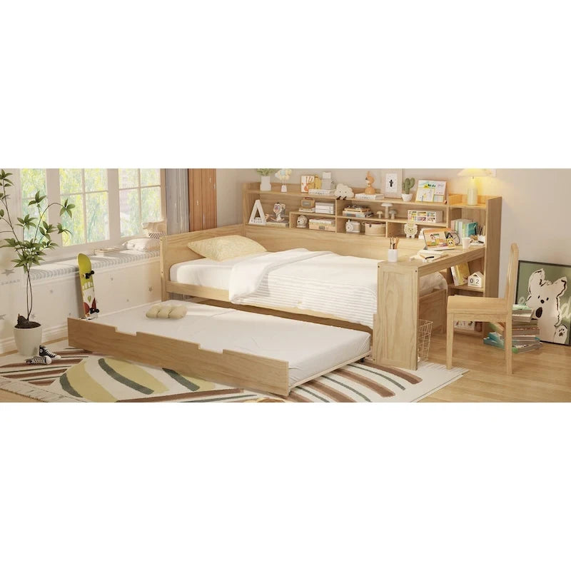 3-in-1 Twin Daybed with Pull-Out Trundle, Storage Shelves & Built-In Desk
