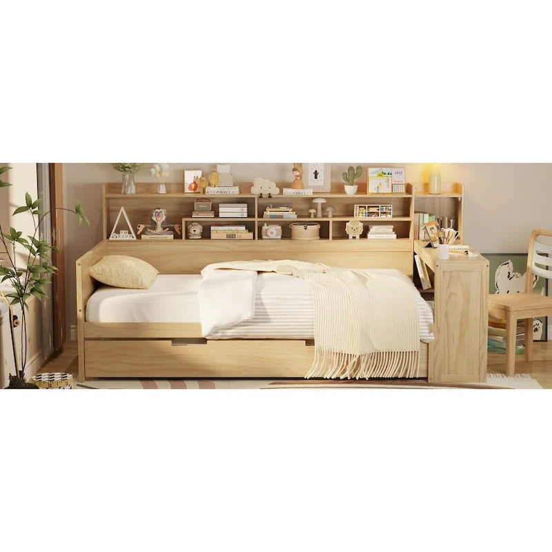 3-in-1 Twin Daybed with Pull-Out Trundle, Storage Shelves & Built-In Desk
