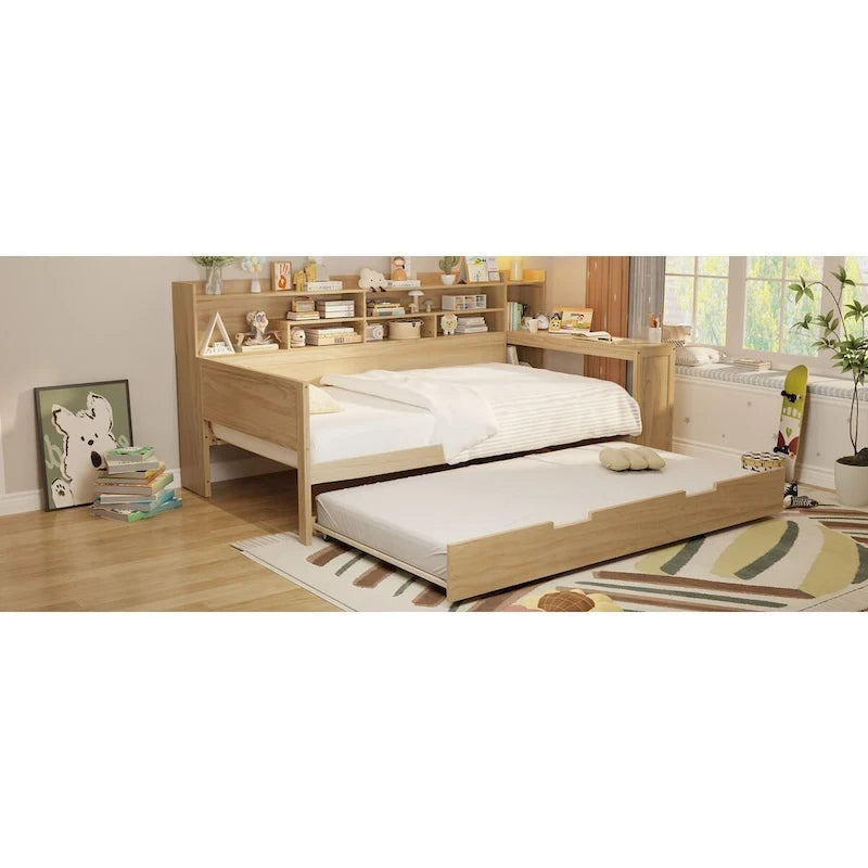 3-in-1 Twin Daybed with Pull-Out Trundle, Storage Shelves & Built-In Desk