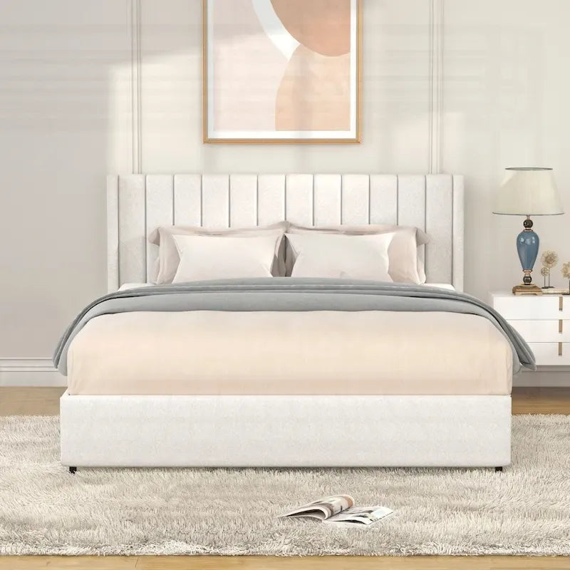 Boucle Wingback Channel-Tufted Platform Bed with Dual Storage Drawers