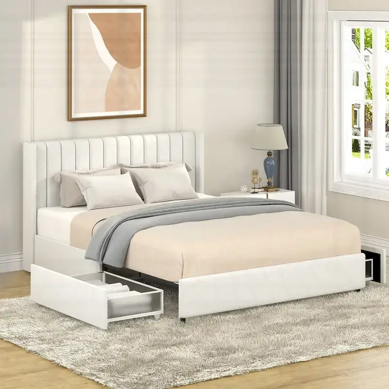 Boucle Wingback Channel-Tufted Platform Bed with Dual Storage Drawers