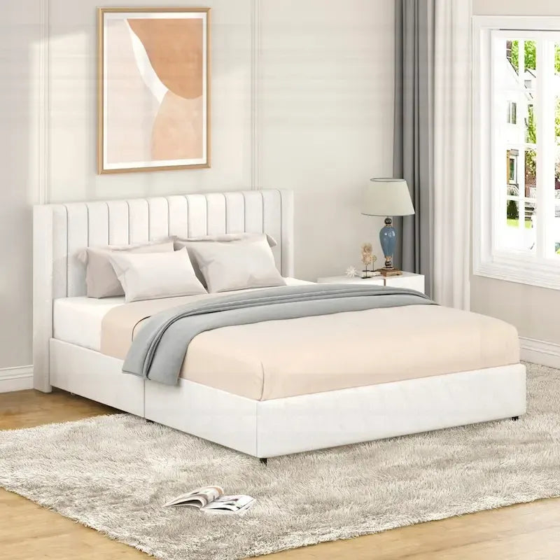 Boucle Wingback Channel-Tufted Platform Bed with Dual Storage Drawers