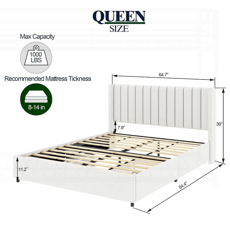 Boucle Wingback Channel-Tufted Platform Bed with Dual Storage Drawers