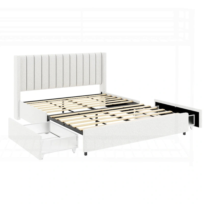 Boucle Wingback Platform Bed with Storage Drawers