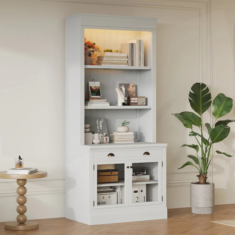 Tall Bookcase with LED Lighting, Tempered Glass Doors & Drawer – Adjustable Shelves, White