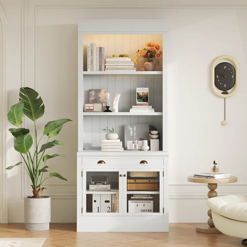 Tall Bookcase with LED Lighting, Tempered Glass Doors & Drawer – Adjustable Shelves, White