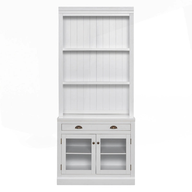 Tall Bookcase with LED Lighting, Tempered Glass Doors & Drawer – Adjustable Shelves, White