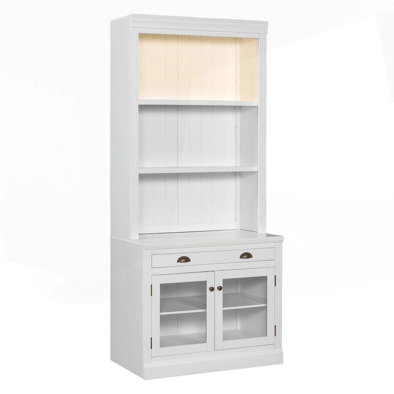 Tall Bookcase with LED Lighting, Tempered Glass Doors & Drawer – Adjustable Shelves, White