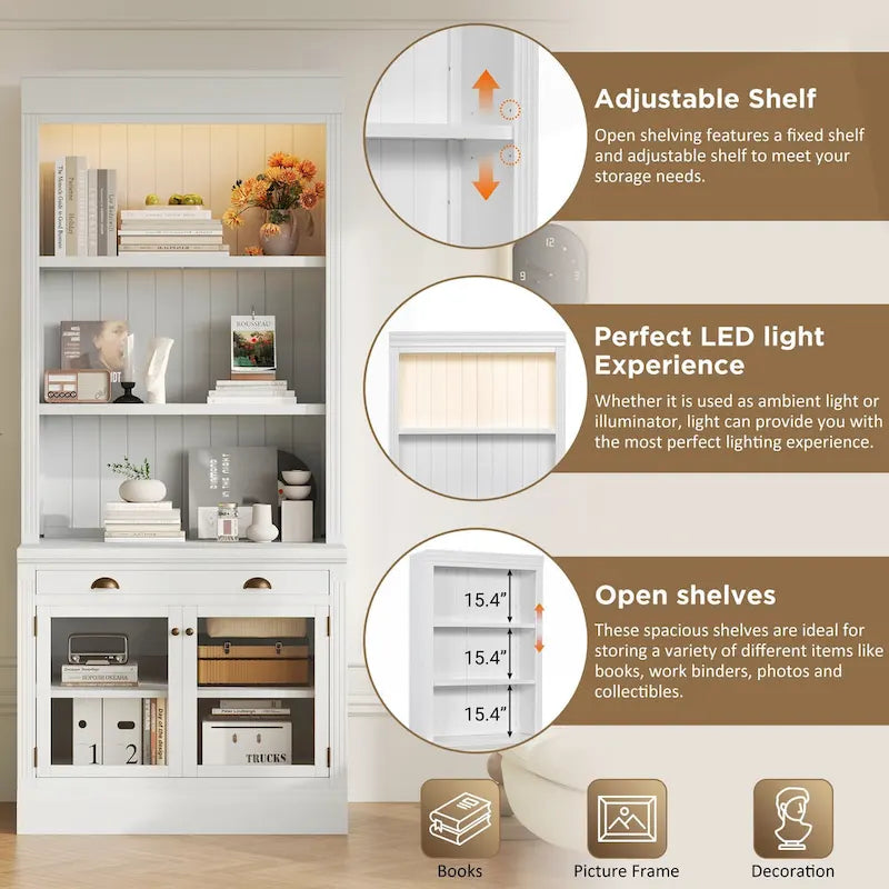 Tall Bookcase with LED Lighting, Tempered Glass Doors & Drawer – Adjustable Shelves, White