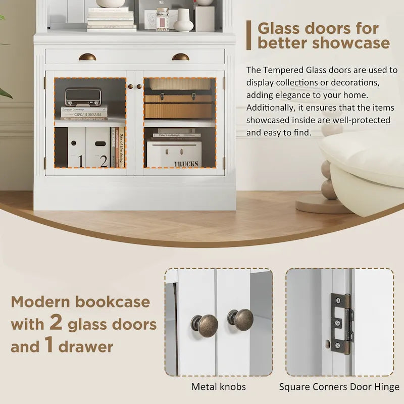 Tall Bookcase with LED Lighting, Tempered Glass Doors & Drawer – Adjustable Shelves, White