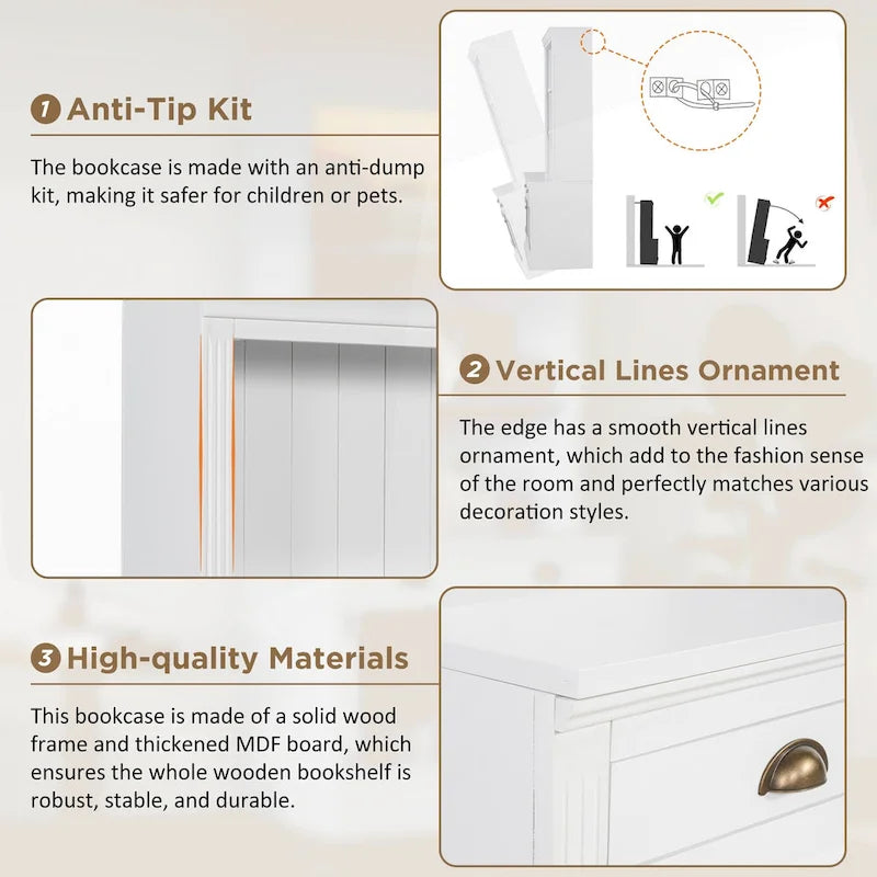 Tall Bookcase with LED Lighting, Tempered Glass Doors & Drawer – Adjustable Shelves, White