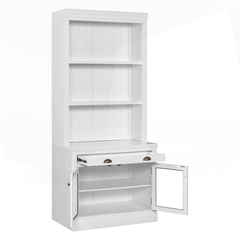 Tall Bookcase with LED Lighting, Tempered Glass Doors & Drawer – Adjustable Shelves, White
