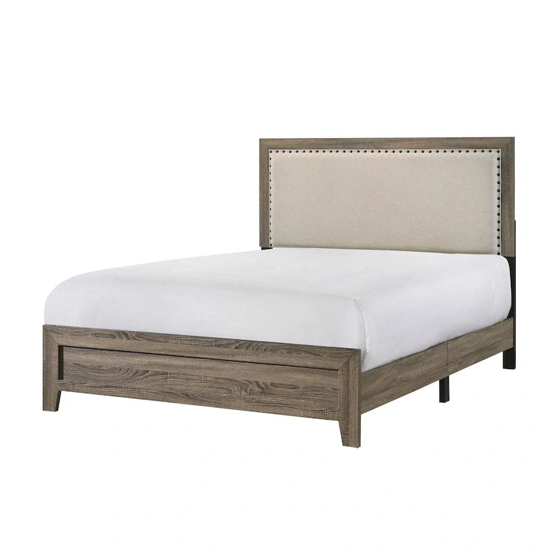 Queen Panel Bed with Tufted Fabric Headboard, Crystal Inlay & Nailhead Trim