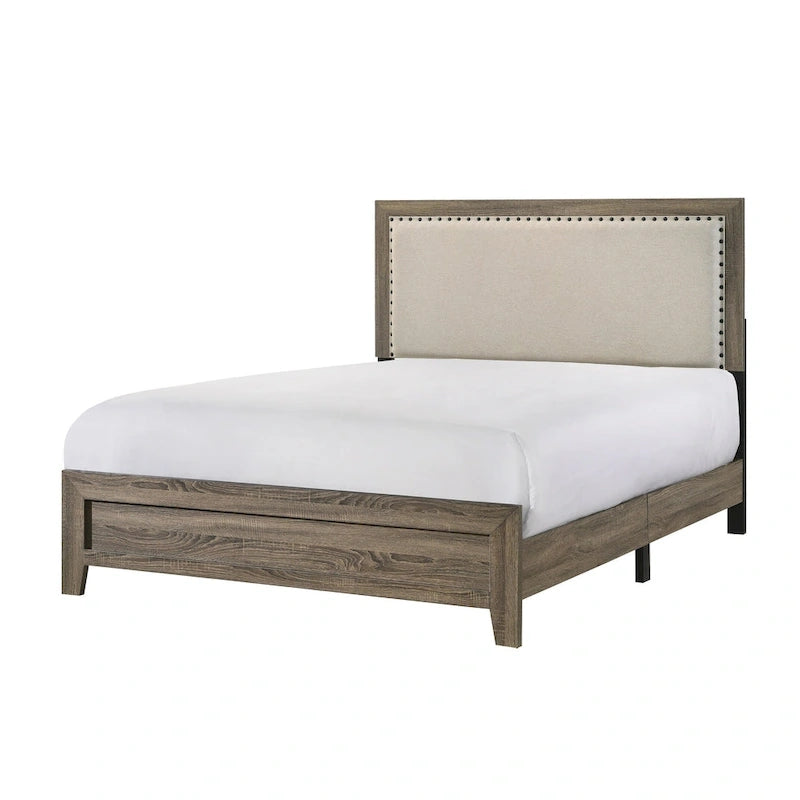 Queen Panel Bed with Tufted Fabric Headboard, Crystal Inlay & Nailhead Trim