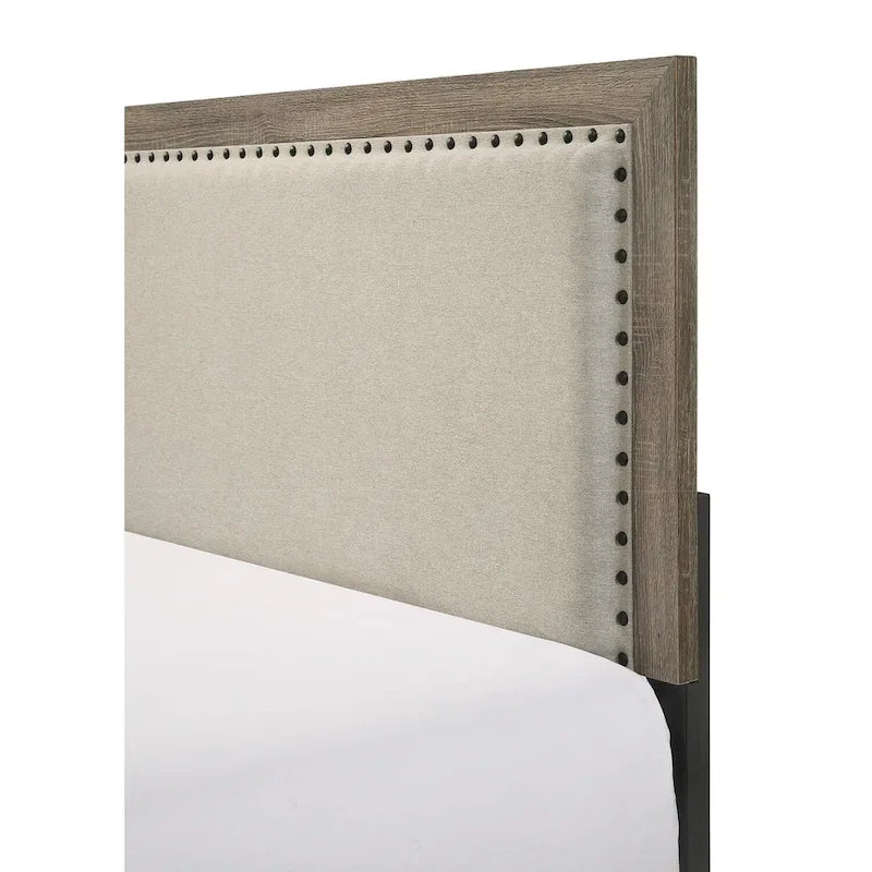 Queen Panel Bed with Tufted Fabric Headboard, Crystal Inlay & Nailhead Trim