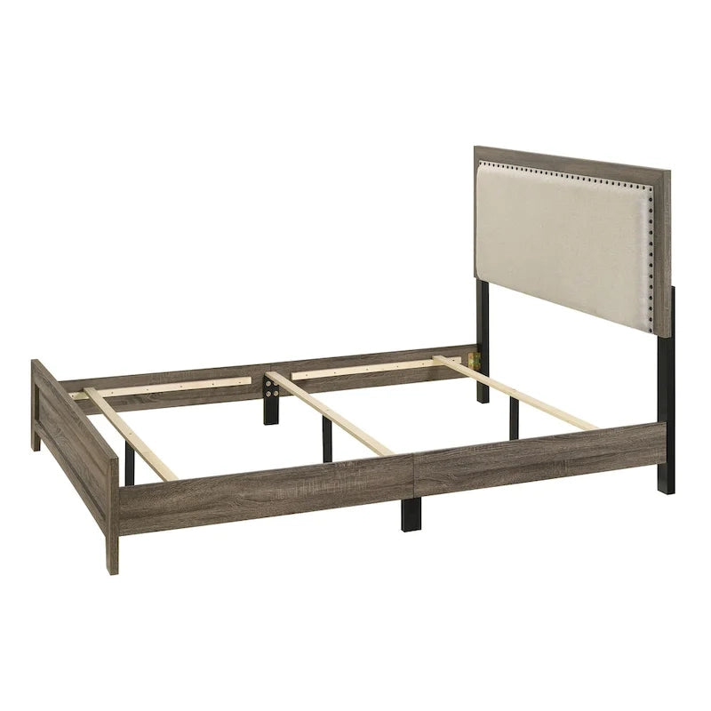 Queen Panel Bed with Tufted Fabric Headboard, Crystal Inlay & Nailhead Trim