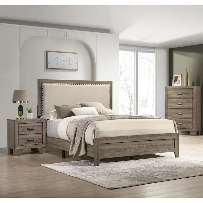 Queen Panel Bed with Tufted Fabric Headboard, Crystal Inlay & Nailhead Trim