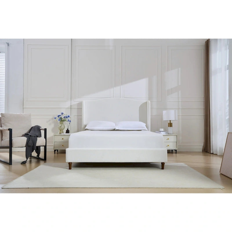 Upholstered Wingback Bed – King Size, Camelback Headboard, Cream White Chenille