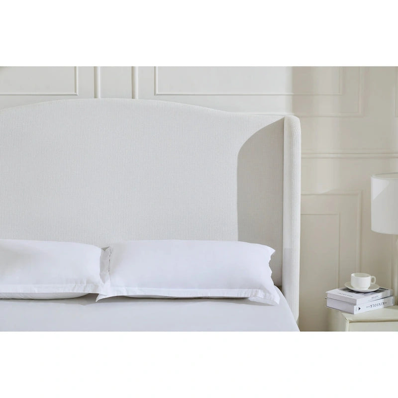 Upholstered Wingback Bed – King Size, Camelback Headboard, Cream White Chenille