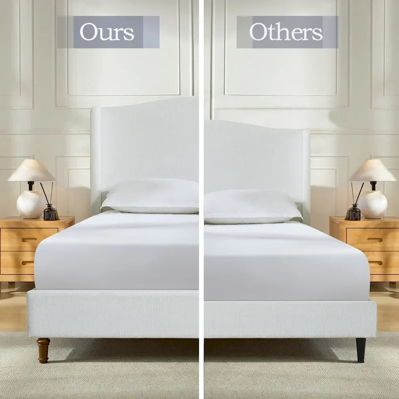 Upholstered Wingback Bed – King Size, Camelback Headboard, Cream White Chenille