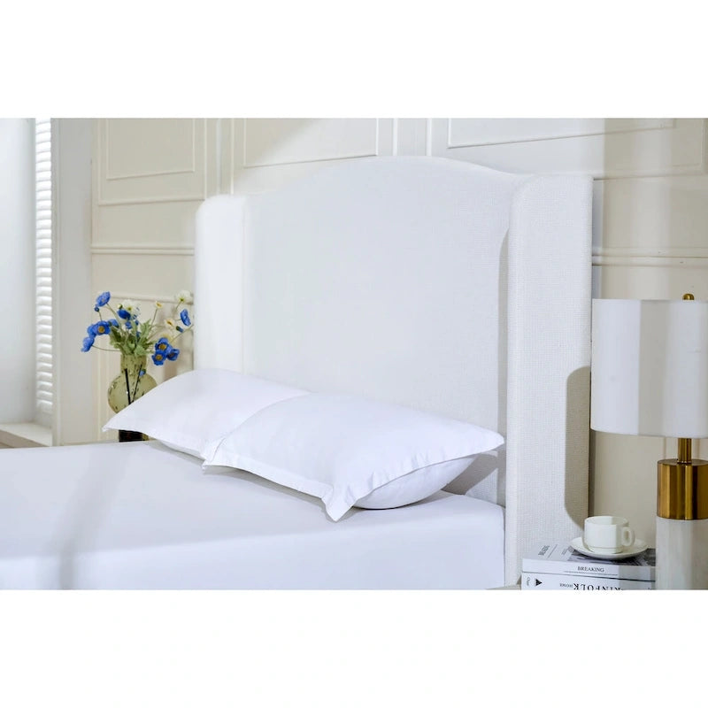 Upholstered Wingback Bed – King Size, Camelback Headboard, Cream White Chenille
