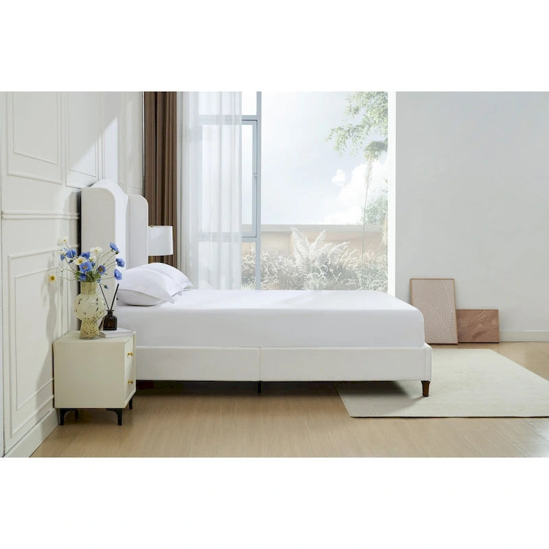 Upholstered Wingback Bed – King Size, Camelback Headboard, Cream White Chenille