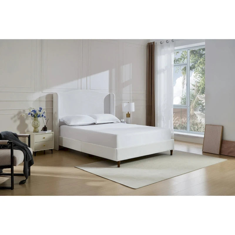 Upholstered Wingback Bed – King Size, Camelback Headboard, Cream White Chenille