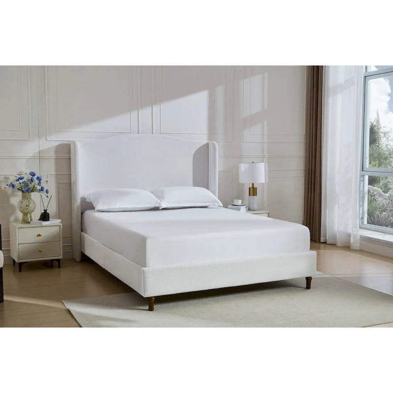 Upholstered Wingback Bed – King Size, Camelback Headboard, Cream White Chenille
